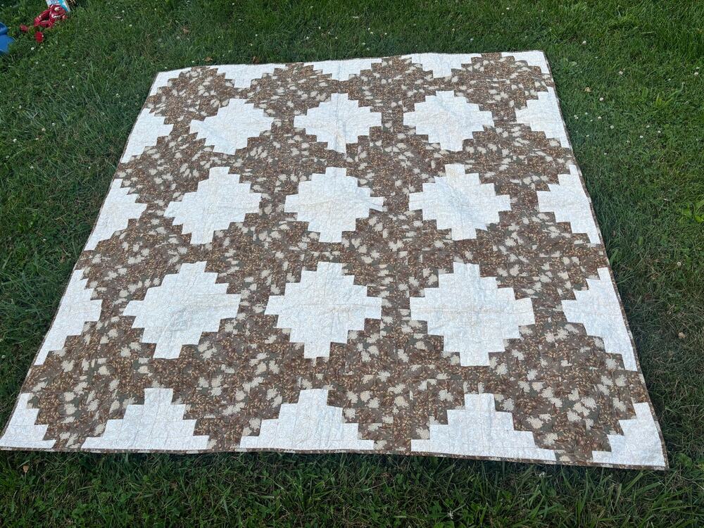 Vintage Patchwork Quilt Full Queen 75x75 Geometric Stepping Stones Brown Cream